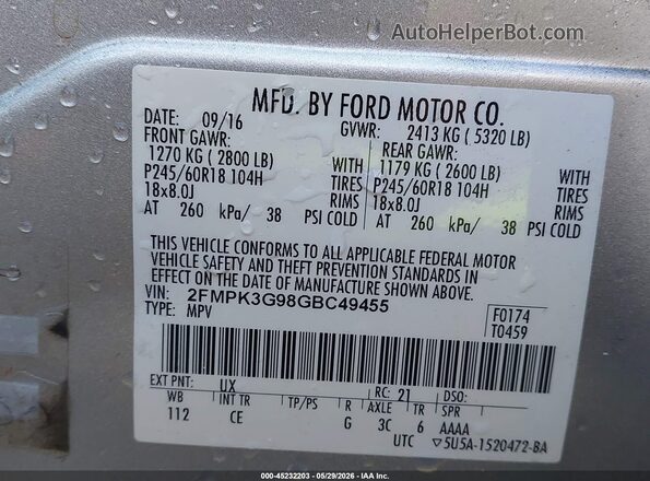 2FMPK3G98GBC49455 2016 FORD EDGE Silver 