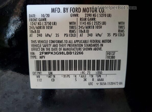 2FMPK3G98LBB12266 2020 FORD EDGE Black ძრავის განყოფილების ხედი