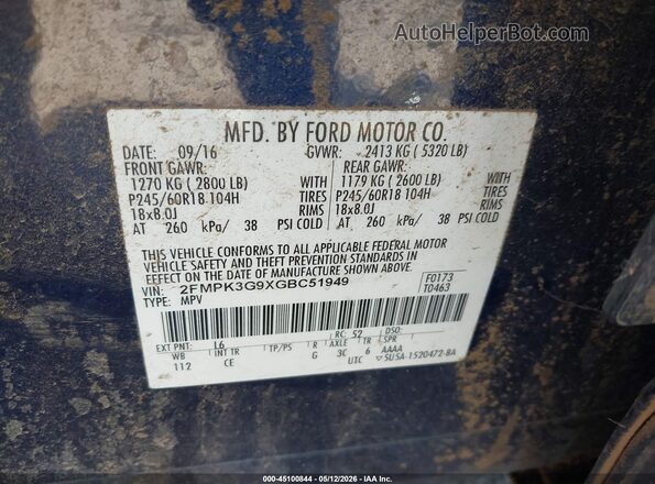 2FMPK3G9XGBC51949 2016 FORD EDGE Dark Blue Engine compartment view