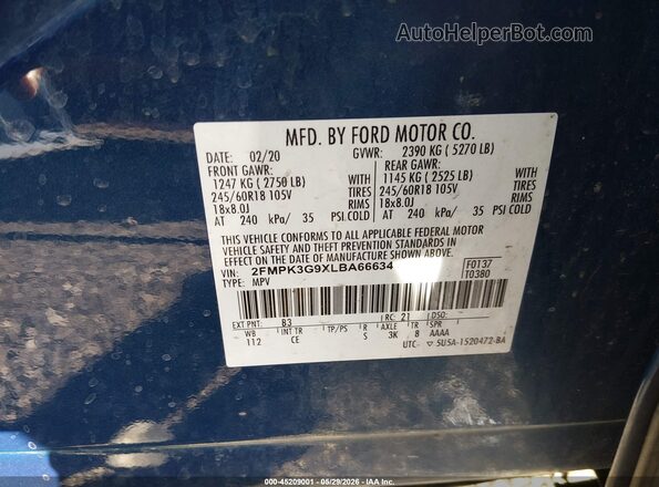 2FMPK3G9XLBA66634 2020 FORD EDGE Blue Շարժիչի բաժամունքի տեսք