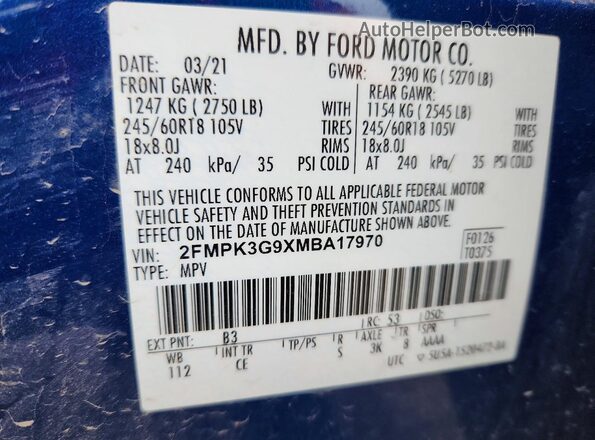 2FMPK3G9XMBA17970 2021 FORD EDGE Blue VIN կոդի պիտակի տեսք