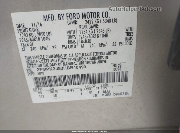 2FMPK3J80HBB10499 2017 FORD EDGE Tan Engine compartment view