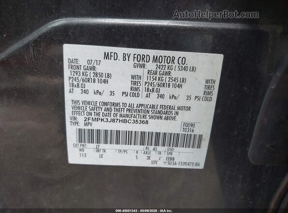 2FMPK3J87HBC35368 2017 FORD EDGE Gray Widok komory silnika