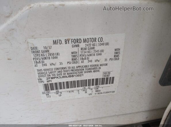 2FMPK3J89JBB13021 2018 FORD EDGE Белый Вид подкапотного пространства