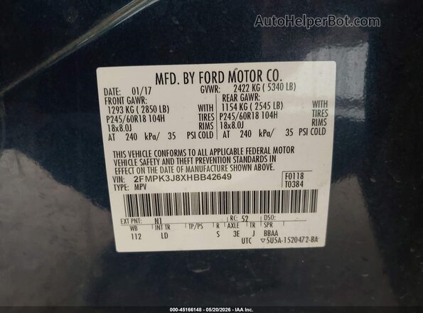2FMPK3J8XHBB42649 2017 FORD EDGE Blue ძრავის განყოფილების ხედი