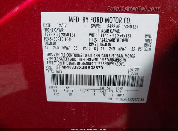 2FMPK3J8XJBB38879 2018 FORD EDGE Red Engine compartment view