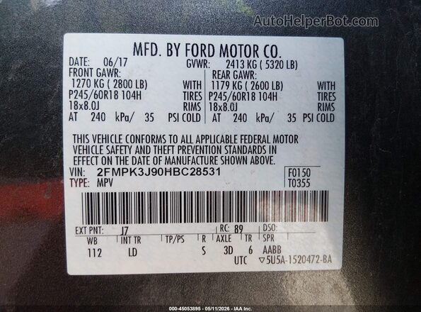 2FMPK3J90HBC28531 2017 FORD EDGE Gray Вид підкапотного простору