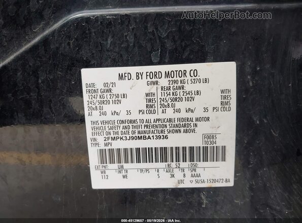 2FMPK3J90MBA13936 2021 FORD EDGE Black Вид підкапотного простору
