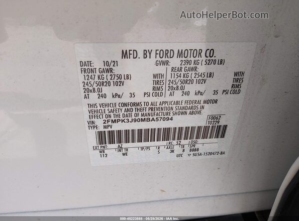 2FMPK3J90MBA57094 2021 FORD EDGE Белый Вид подкапотного пространства