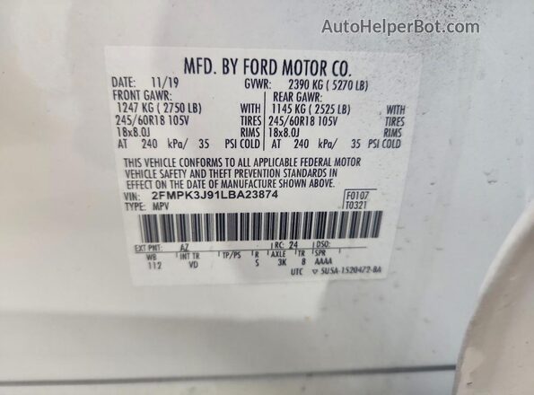 2FMPK3J91LBA23874 2020 FORD EDGE White 