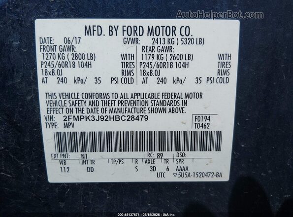 2FMPK3J92HBC28479 2017 FORD EDGE Blue 