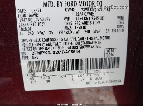 2FMPK3J92MBA08544 2021 FORD EDGE Темно-бордовый Вид подкапотного пространства