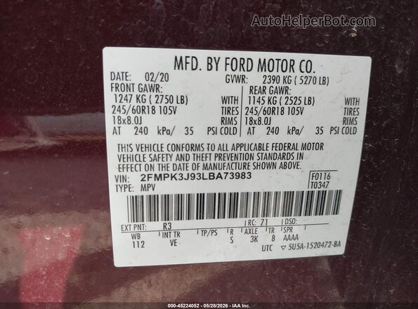 2FMPK3J93LBA73983 2020 FORD EDGE Maroon ძრავის განყოფილების ხედი