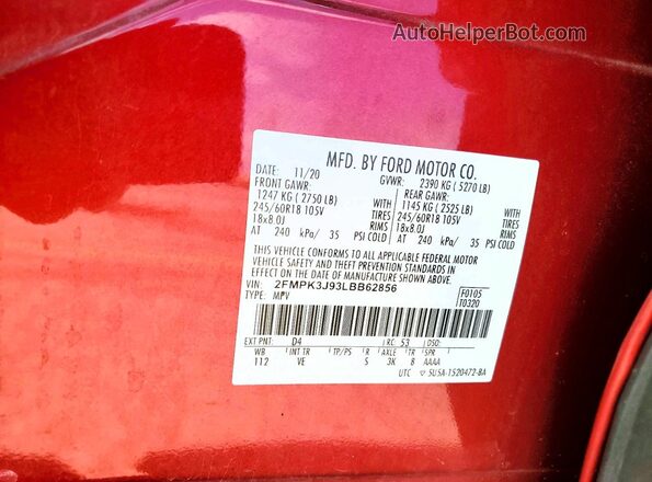 2FMPK3J93LBB62856 2020 FORD EDGE Red 