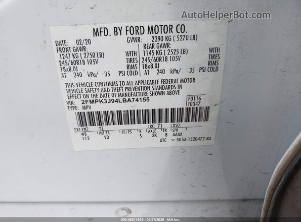 2FMPK3J94LBA74155 2020 FORD EDGE White ძრავის განყოფილების ხედი