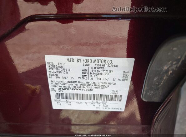 2FMPK3J95KBB36533 2019 FORD EDGE Burgundy ძრავის განყოფილების ხედი