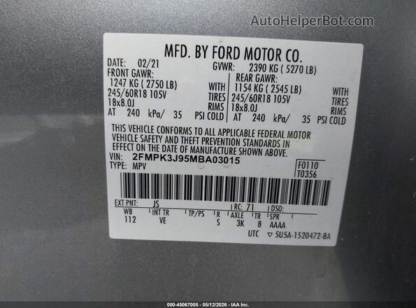 2FMPK3J95MBA03015 2021 FORD EDGE Silver Вид підкапотного простору