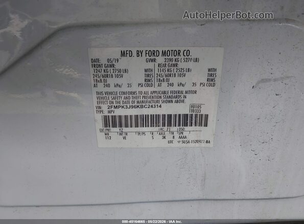 2FMPK3J96KBC24314 2019 FORD EDGE White Շարժիչի բաժամունքի տեսք