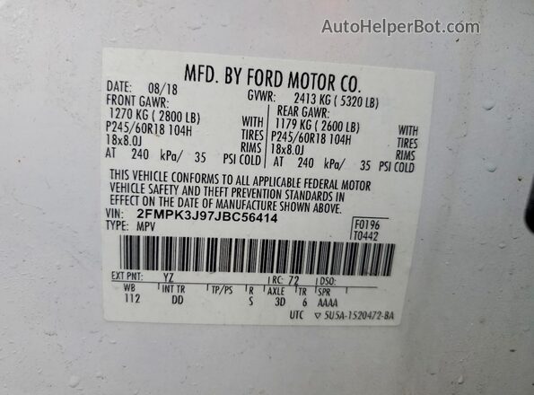 2FMPK3J97JBC56414 2018 FORD EDGE White Widok naklejki z numerem VIN