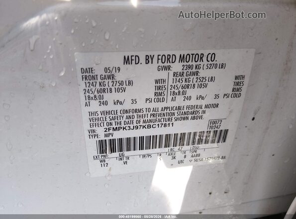 2FMPK3J97KBC17811 2019 FORD EDGE Белый 