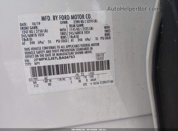 2FMPK3J97LBA04763 2020 FORD EDGE White 