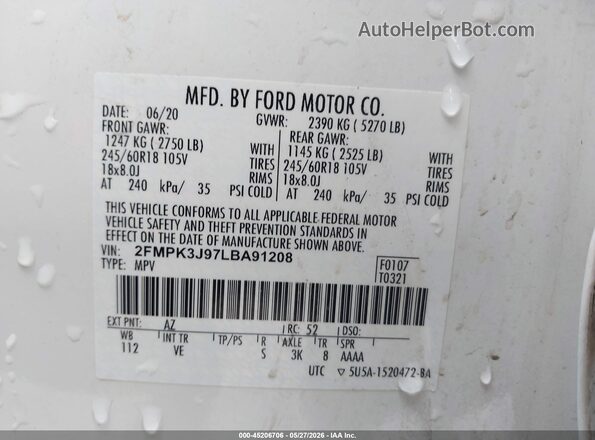 2FMPK3J97LBA91208 2020 FORD EDGE White ძრავის განყოფილების ხედი