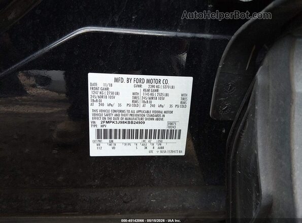 2FMPK3J98KBB24909 2019 FORD EDGE Black Vista del compartimento del motor
