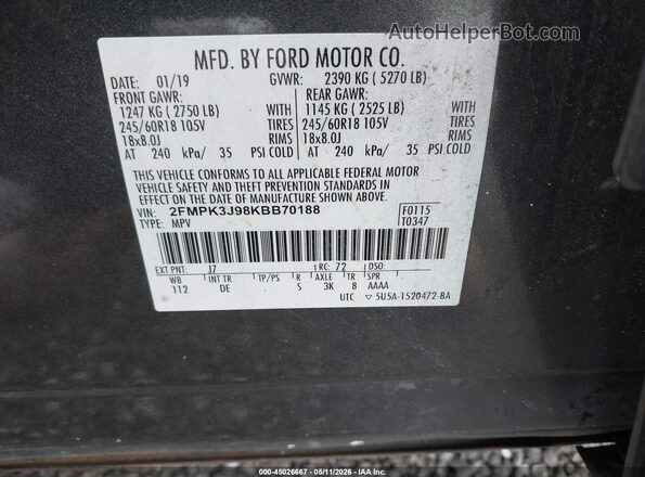 2FMPK3J98KBB70188 2019 FORD EDGE Серый 