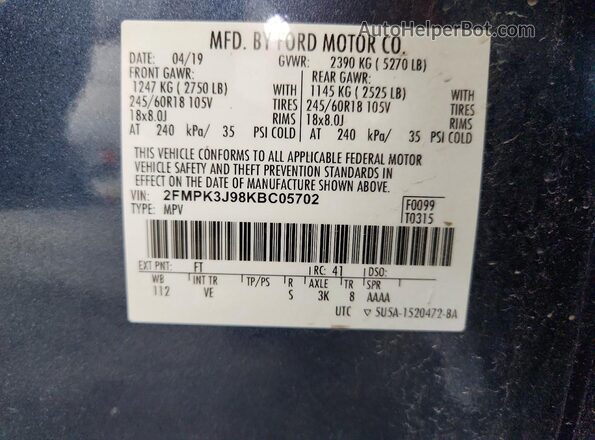 2FMPK3J98KBC05702 2019 FORD EDGE Blue 