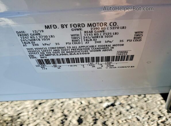 2FMPK3J98LBA43569 2020 FORD EDGE White VIN կոդի պիտակի տեսք