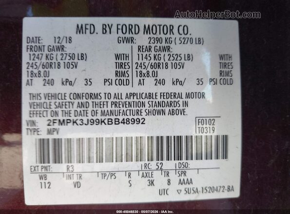2FMPK3J99KBB48992 2019 FORD EDGE Burgundy Engine compartment view