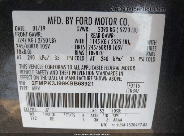2FMPK3J99KBB68921 2019 FORD EDGE Gray Vista del compartimento del motor