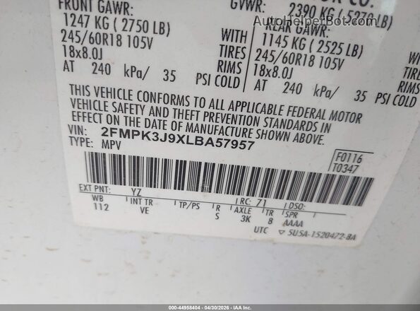 2FMPK3J9XLBA57957 2020 FORD EDGE White ძრავის განყოფილების ხედი