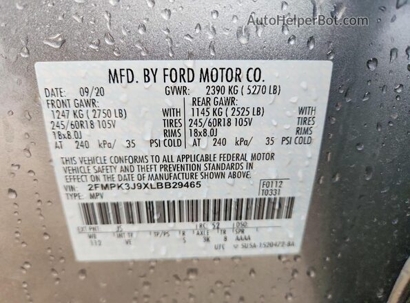 2FMPK3J9XLBB29465 2020 FORD EDGE Silver Вид наклейки з VIN-кодом