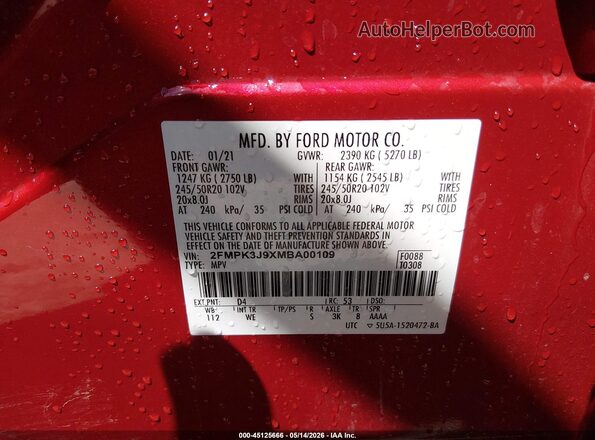 2FMPK3J9XMBA00109 2021 FORD EDGE Red Շարժիչի բաժամունքի տեսք