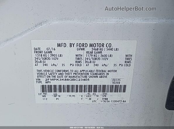 2FMPK3K88GBC23405 2016 FORD EDGE White Engine compartment view
