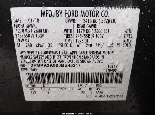 2FMPK3K90JBB45217 2018 FORD EDGE Gray Engine compartment view