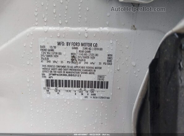 2FMPK3K90LBB52123 2020 FORD EDGE White Вид підкапотного простору