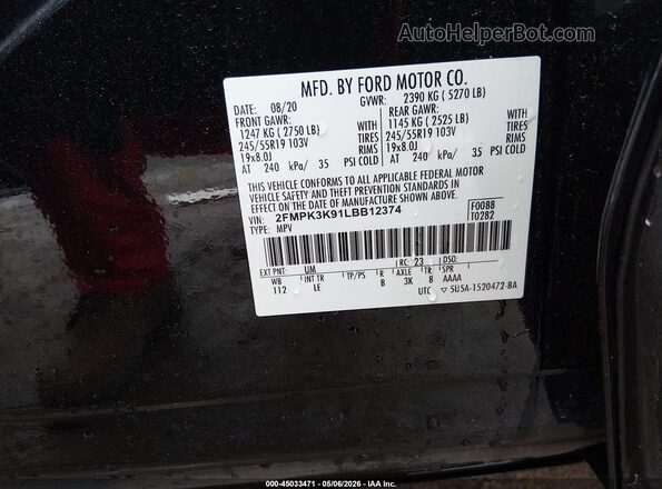 2FMPK3K91LBB12374 2020 FORD EDGE Черный Вид подкапотного пространства