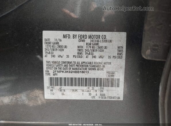 2FMPK3K92HBB18613 2017 FORD EDGE Gray Widok komory silnika