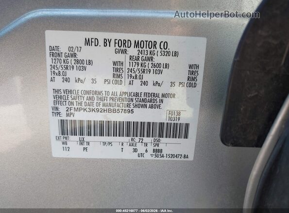 2FMPK3K92HBB57895 2017 FORD EDGE Gray Вид підкапотного простору