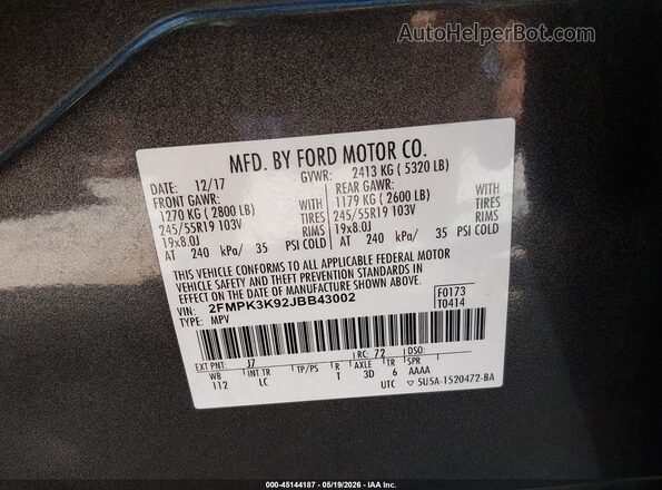 2FMPK3K92JBB43002 2018 FORD EDGE Серый 