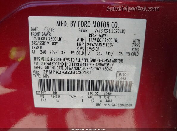2FMPK3K92JBC20161 2018 FORD EDGE Red Engine compartment view