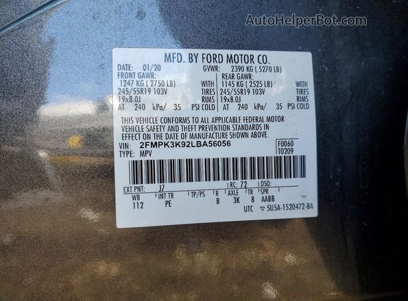 2FMPK3K92LBA56056 2020 FORD EDGE Серый Вид наклейки с VIN-кодом
