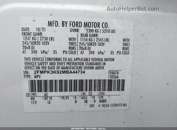 2FMPK3K92MBA44734 2021 FORD EDGE White Widok komory silnika