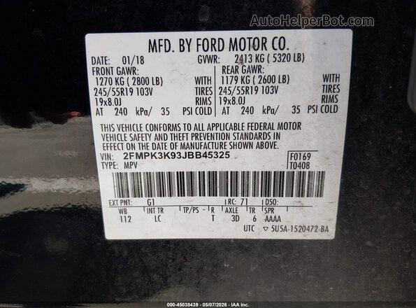 2FMPK3K93JBB45325 2018 FORD EDGE Black Engine compartment view