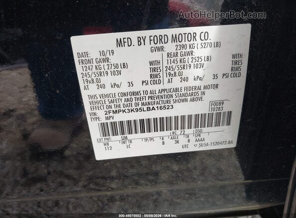 2FMPK3K95LBA16523 2020 FORD EDGE Black ძრავის განყოფილების ხედი
