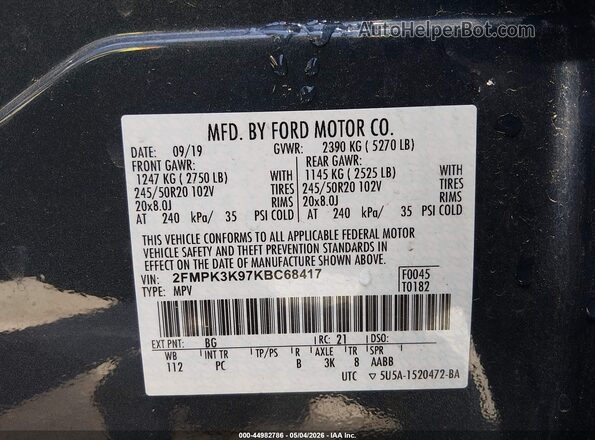 2FMPK3K97KBC68417 2019 FORD EDGE Blue 
