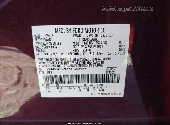 2FMPK3K97KBC68966 2019 FORD EDGE Black 