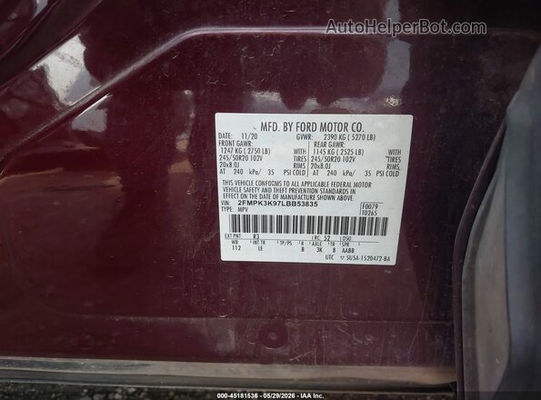 2FMPK3K97LBB53835 2020 FORD EDGE Maroon Շարժիչի բաժամունքի տեսք